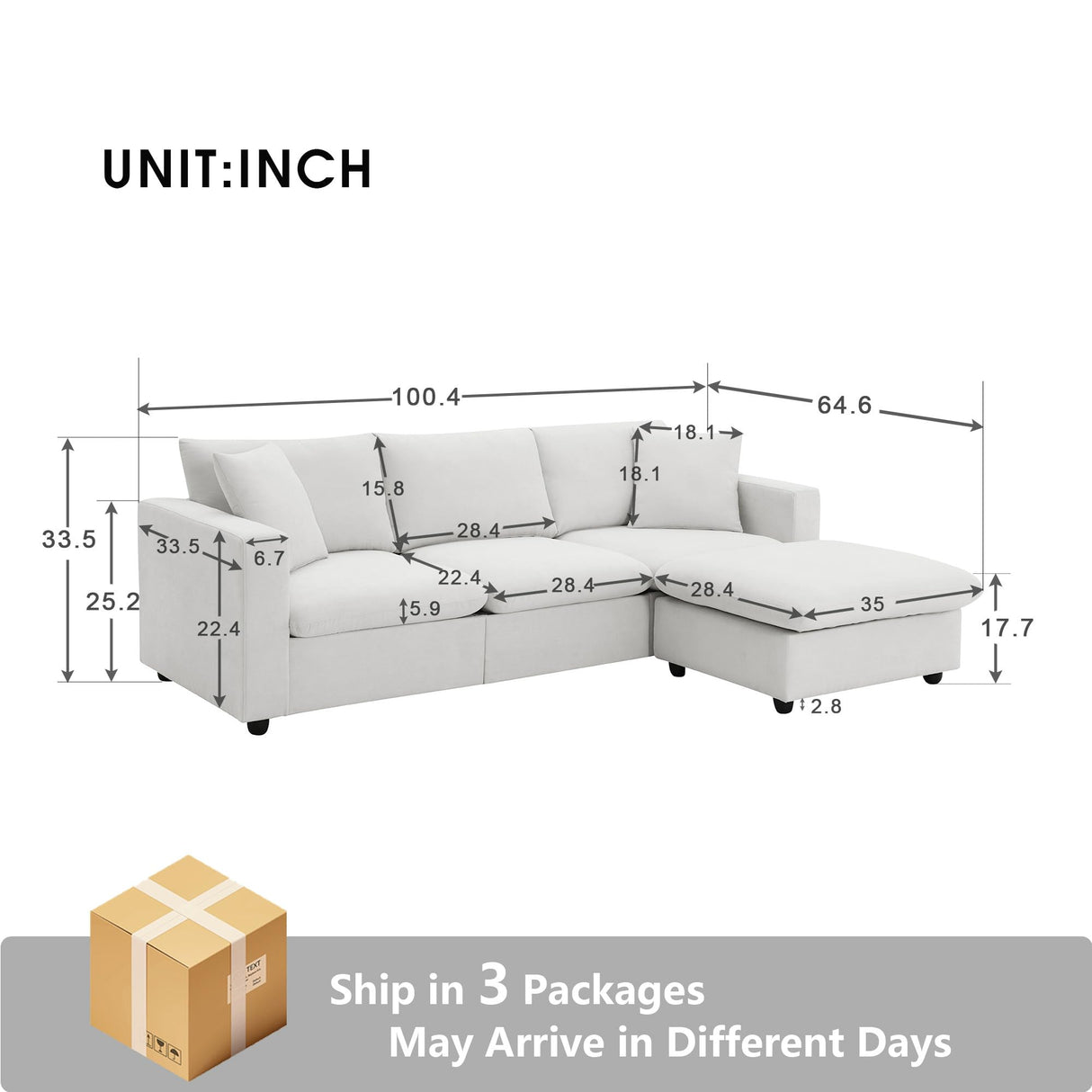 Tmsan 100.4" Modular Sectional Sofa Cloud Couch for Living Room, Modern Convertible L Shaped Couch Set with Ottoman, 4 Seater Polyester Fabric Sofa with 2 Pillows for Apartment Office (White) Tmsan