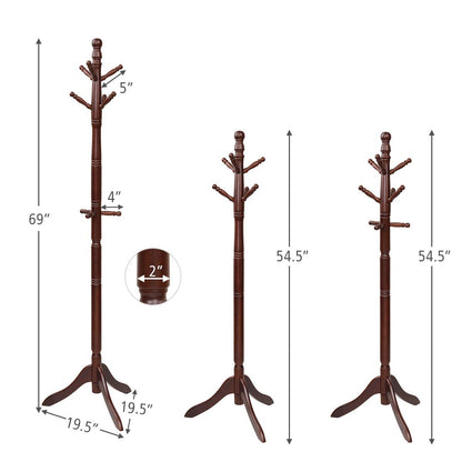 Tangkula Wood Coat Rack Freestanding, Entryway Height Adjustable Coat Stand with 9 Hooks & Stable Tri-Legged Base, Rubber Wood Coat Tree Hall Tree Coat Hanger Stand for Home Office Hall Entryway