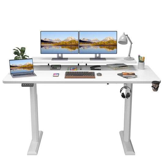 Shahoo Electric Standing Desk with Monitor Shelf, 63 x 27 Inches Height Adjustable Corner Table, Computer Workstation with Cup Holder and Hook for Home Office, White, 63x27 Inch - WoodArtSupply