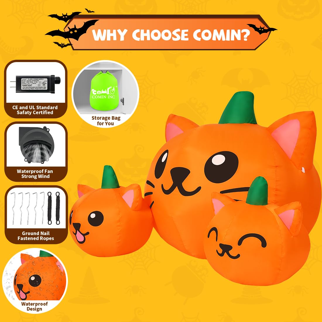 COMIN Halloween Inflatable 5FT Long Three Pumpkin Cat Head Combo with Built-in LEDs, Blow Up Yard Decoration for Holiday Party Indoor, Outdoor, Yard, Garden, Lawn COMIN