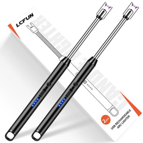 LcFun Candle Lighter Electric Arc Windproof Lighters, USB Rechargeable Lighter with LED Battery Display, 2 Pack Flameless Long Lighters for Candle Grill BBQ Camping Fireplace Stove (Double Black) LcFun