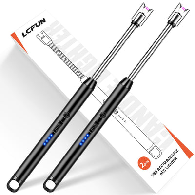 LcFun Candle Lighter Electric Arc Windproof Lighters, USB Rechargeable Lighter with LED Battery Display, 2 Pack Flameless Long Lighters for Candle Grill BBQ Camping Fireplace Stove (Double Black)