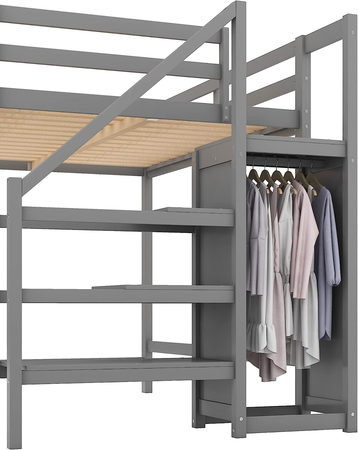 Harper & Bright Designs Grey Full Loft Bed with Storage Staircase and Wardrobe - WoodArtSupply