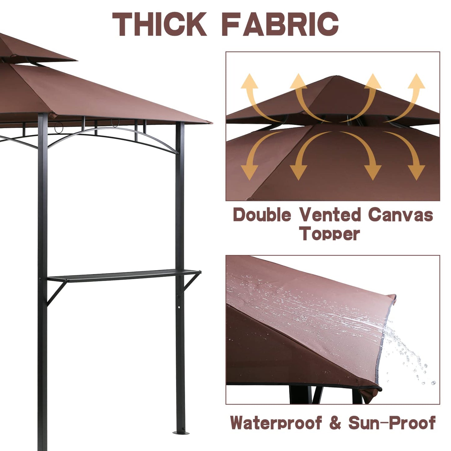 8' X 5' Outdoor Grill Gazebo BBQ Canopy Tent with Two Shelfs and Hook, Steel Frame Party Gazebo Pergola for Garden Deck Backyard Lawn Poolside Porch Balcony Camping, Brown