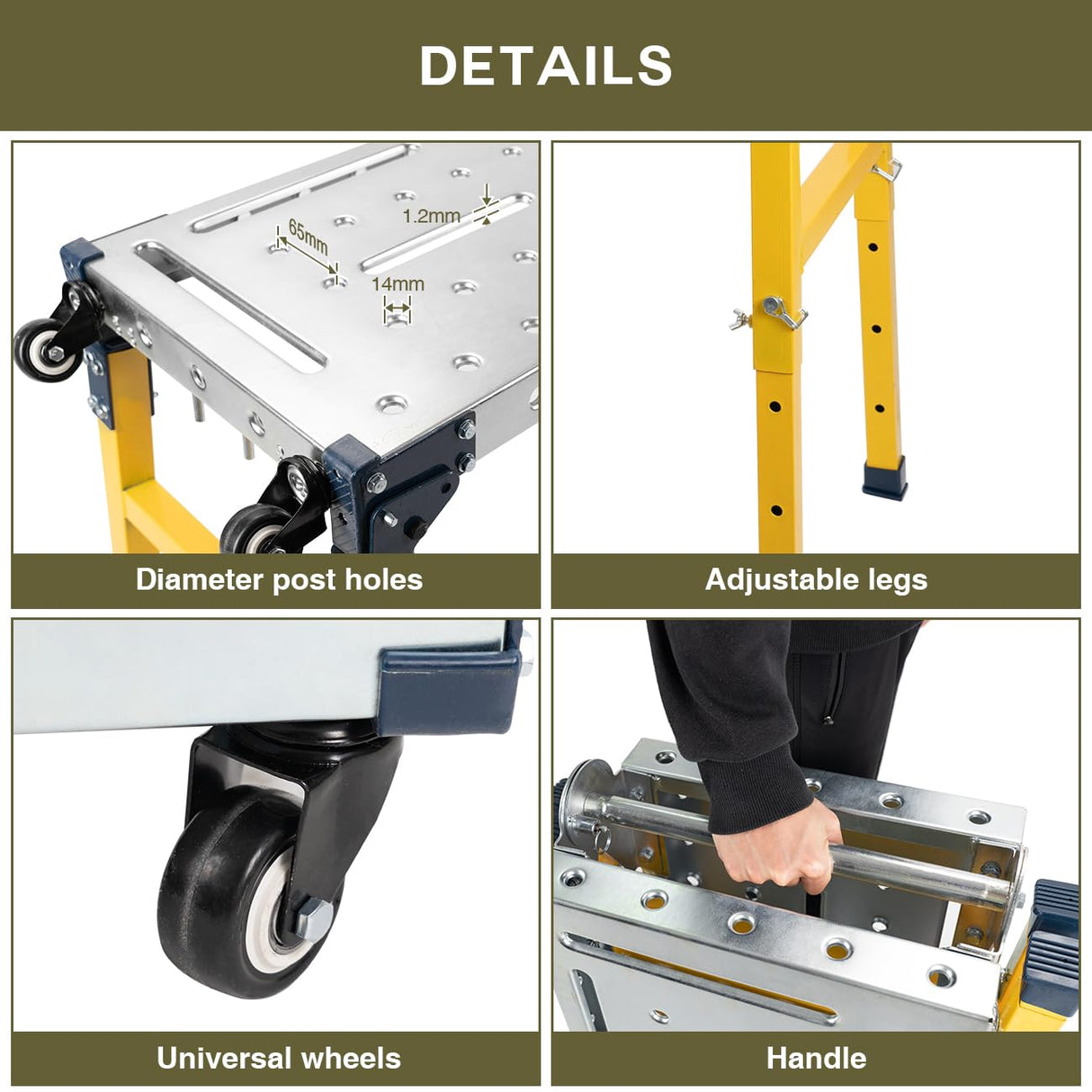 biosp Portable Steel Work Bench, Adjustable Height Welding Table with Folding Legs, Versatile Work Platform with Casters, Carrying Handle, 14 x 56-inch Tabletop, 1100 lbs Load Capacity biosp