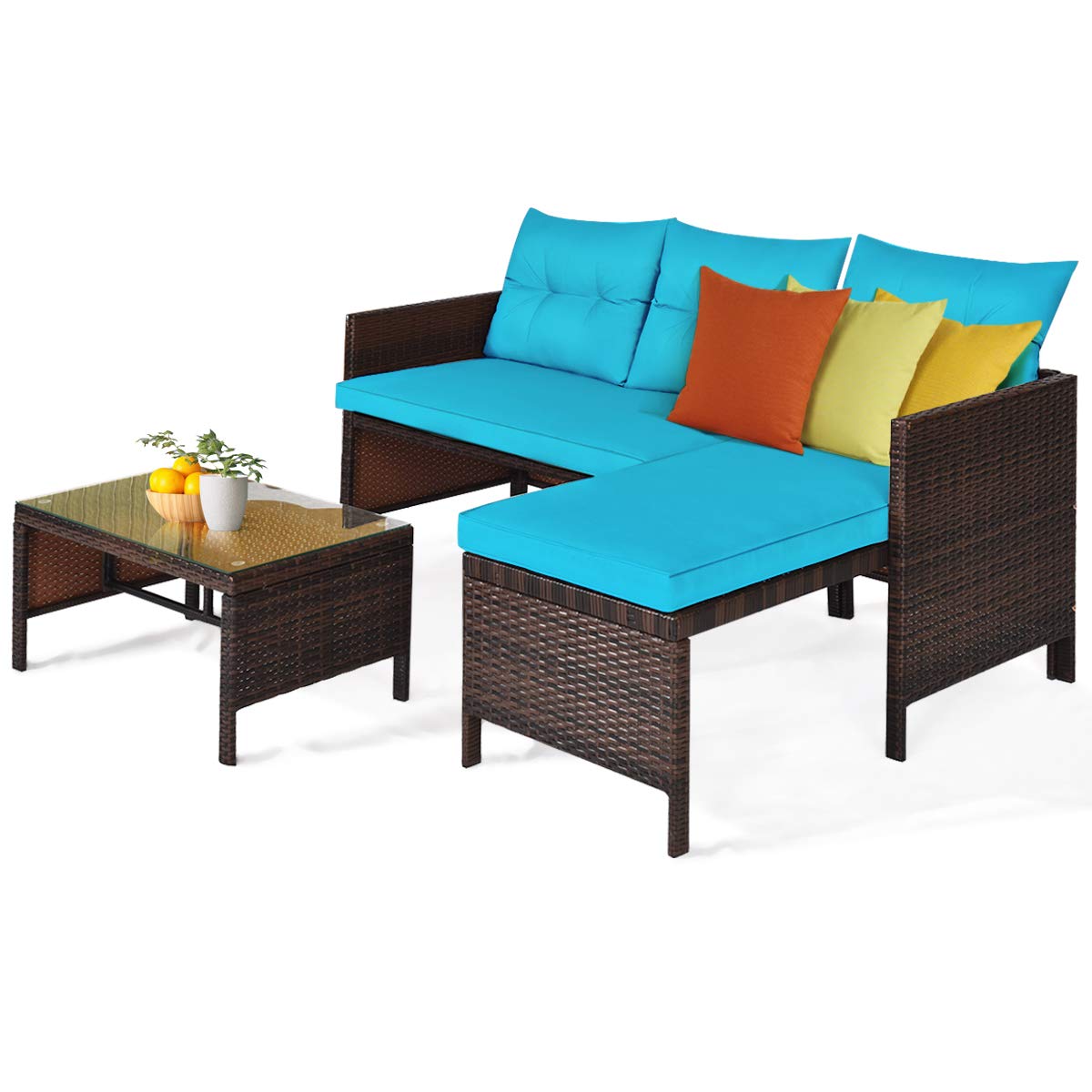 Tangkula Patio Corner Sofa Set 3 Piece, Outdoor Rattan Sofa Set, Includes Lounge Chaise, Loveseat & Coffee Table, Patio Garden Poolside Lawn Backyard Furniture Tangkula
