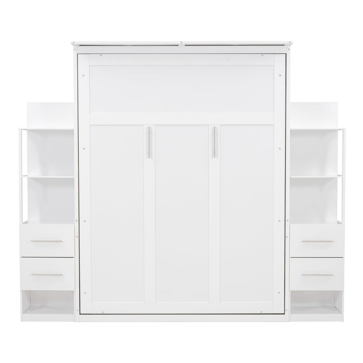 Ball & Cast Queen Size Murphy Bed,Murphy Bed Cabinet W/ 2 Four-Layer Shelves and 4 Drawers,Wall Bed W/LED Lights & Handle,Wood Folding Hidden Bed Frame for Guest Room,Bedroom,Living Room,White Ball & Cast