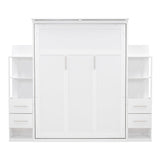 Merax Queen Size Murphy Bed with 4 Storage Drawers, Murphy Bed Queen with Storage Shelves, Adult Murphy Wall Bed with LED Lights, No Box Spring Needed, White Merax
