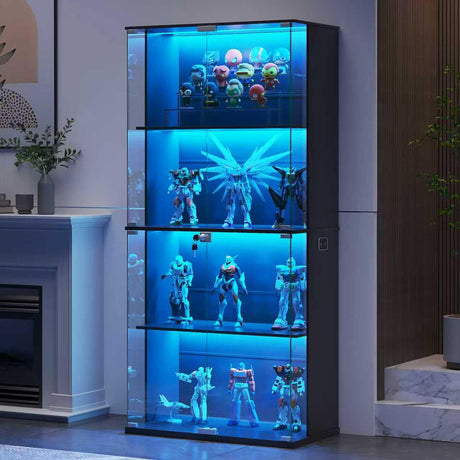 MDGC Display Cabinet with Glass Door,Lighted 4-Tier Curio Cabinet with3 Color Lights for Collectibles Bookcases,66" Lockable Display Case with Human Body Sensor for Living Room/Game Room,Black MDGC