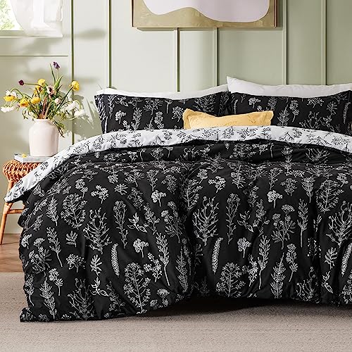 Bedsure Full Comforter Set - Black Bed Set, 3 Pieces Cute Floral Bedding, 1 Soft Reversible Botanical Flowers Comforter and 2 Pillow Shams Bedsure