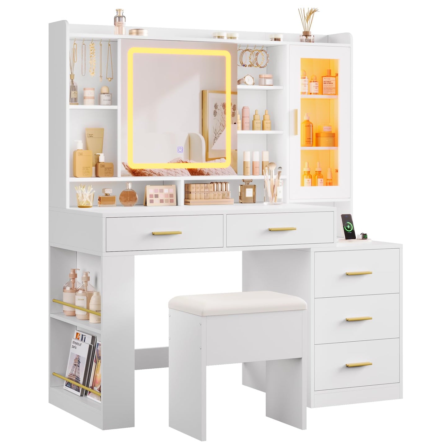 DICTAC Makeup Vanity Desk with Sliding LED Lighted Mirror, 47.2"W Large Vanity Desk with Drawers, Shelves and Side Storage, RGB Glass Cabinet, White Vanity Table Set with Charging Station for Bedroom