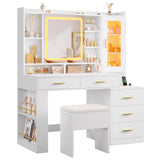 DICTAC Makeup Vanity Desk with Sliding LED Lighted Mirror, 47.2"W Large Vanity Desk with Drawers, Shelves and Side Storage, RGB Glass Cabinet, White Vanity Table Set with Charging Station for Bedroom DICTAC