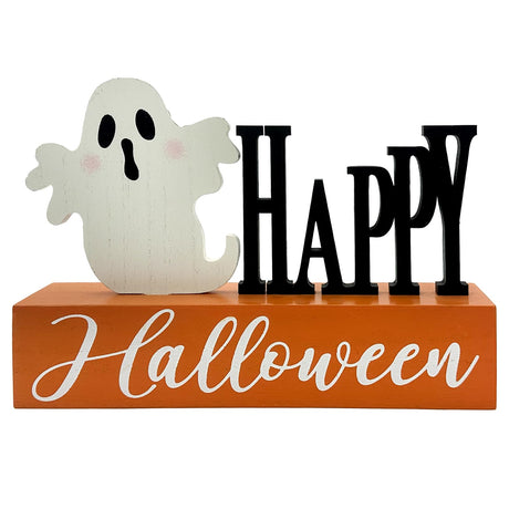 Halloween Decorations Indoor Happy Halloween Sign Ghost Wooden Block Rustic Farmhouse Home Table Top Decor for Fireplace Tier Tray Mantle Haunted House Shelf Eternhome