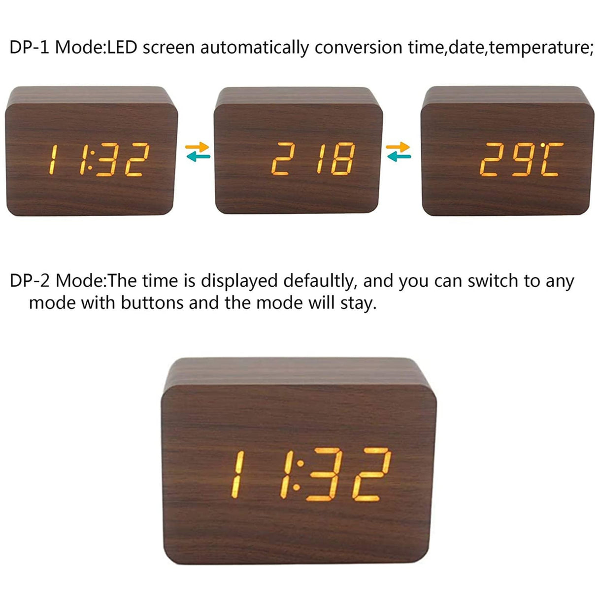 BIOMII Wooden Digital Alarm Clock Electronic LED Time Display,4 Level Adjustable Brightness and Voice Control, Display Time Temperature Date for Bedroom Office Kids and Families,Brown BIOMII