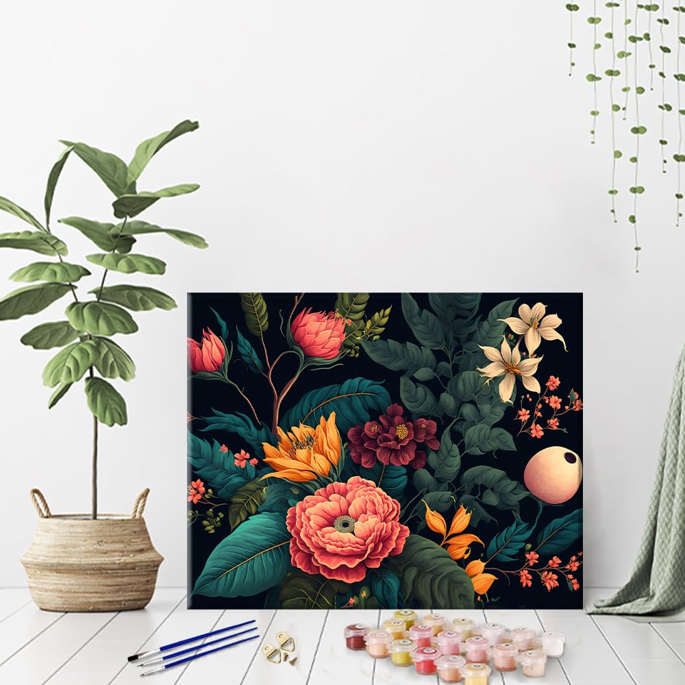 Colorful Flowers Adults' Paint-by-Number Kit - Beautiful Botanical Art on Canvas - Drawing Paintwork with Paintbrushes - Floral Paint by Numbers Art Crafts, 16"x20" TFIAVSIN