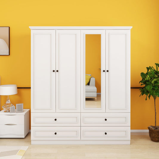 ClassyCabin Armoire Wardrobe Closet Wood with 4 Doors 2 Hanging Rods 4 Drawers Mirror Shelving for Spacious Bedroom Armoire Storage Cabinet Large Capacity White