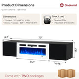 oneinmil Floating TV Stand with 36" Electric Fireplace, Wall Mounted Fireplace Entertainment Center with Storage, 70" TV Console with Fireplace, Floating TV Cabinet, Black+White oneinmil