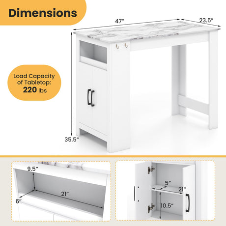 Giantex Bar Table, 47” Counter Height Dining Table with 7 Hanging Hooks, Compartment, Cabinet & Adjustable Shelf, High Top Table, Faux Marble Pub Table for Kitchen Breakfast Nook Small Space, White Giantex