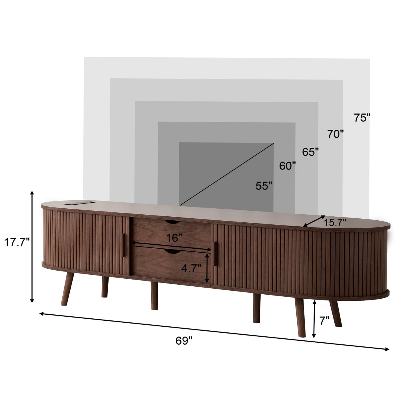 69" Mid Century Modern TV Stand with Charging Station, Farmhouse Curved Round Edge TV and Media Console Table with Drawer and Shelf, Fluted Entertainment Center for Living Room, Bedroom, Waln - WoodArtSupply