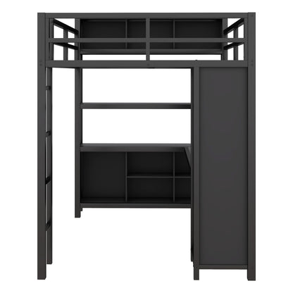 SOFTSEA Full Size Loft Bed with L Shaped Desk, Metal Loft Bed Frame with Wardrobe, Shelves and Storage Cubes, Loft Bed with Guardrails and Ladder, Full Loft Bed for Bedroom Guestroom, Black