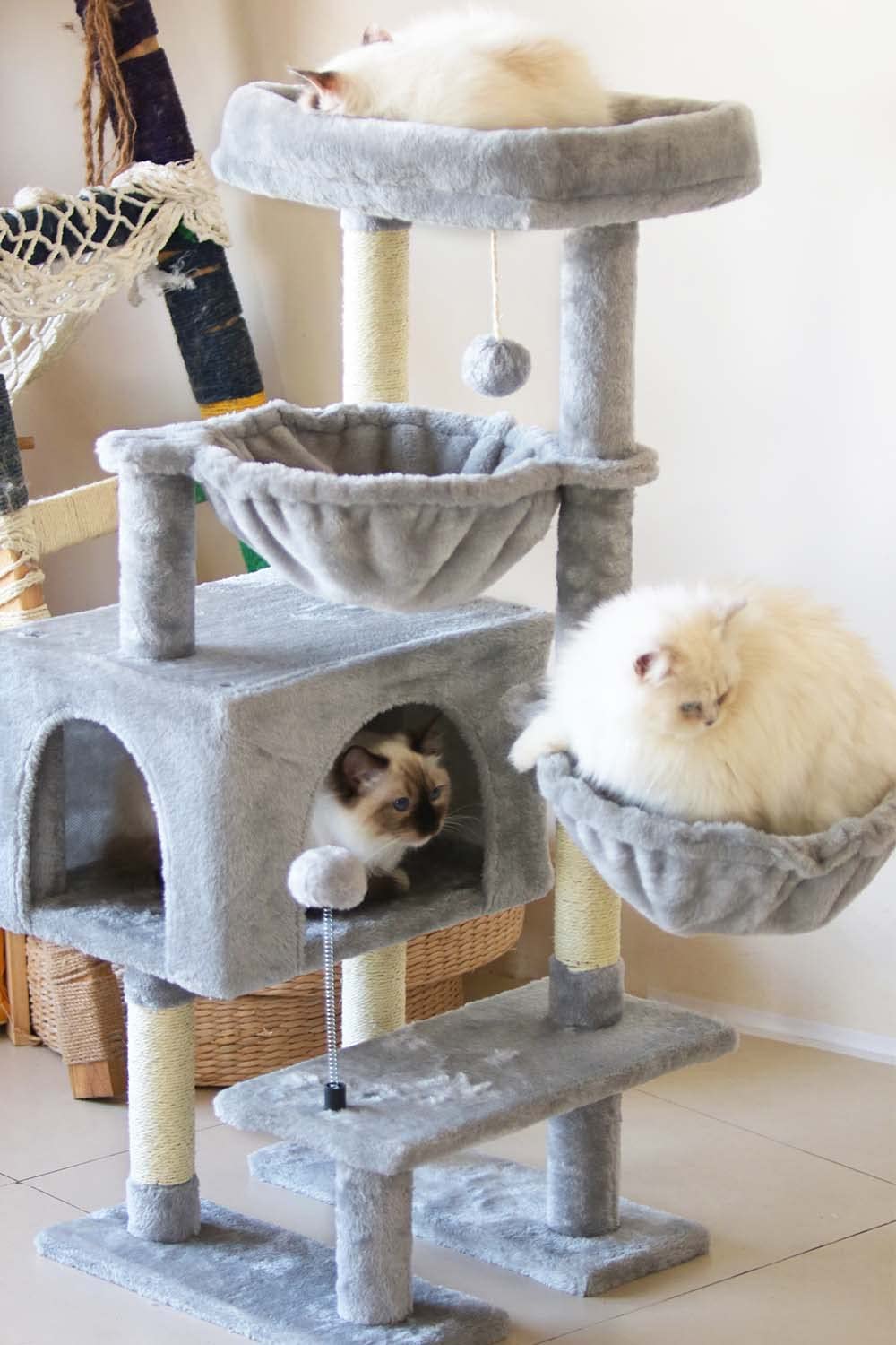 KIYUMI Cat Tree Cat Tower Condo with Sisal Scratching Post for Indoor Cats Cat Tree Cat Furniture with Hammock Perch and Kitten Ball Toys, Multi-Level Pet Activity Center Grey KIYUMI