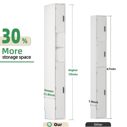 MOHOPE Narrow Bathroom Storage Cabinet - Tall Bathroom Cabinet with 2 Doors and Adjustable Shelves, Open Compartments, Slim Freestanding Cabinet for Small Space and Toilet, White ﻿