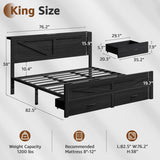 Siihnon Rustic King Size Bed Frame with Storage Drawers and Barn Door Headboard, Farmhouse LED King Bed Frame with Charging Station, Metal Industrial Platform Bed Frames, No Box Spring Needed, Black Siihnon