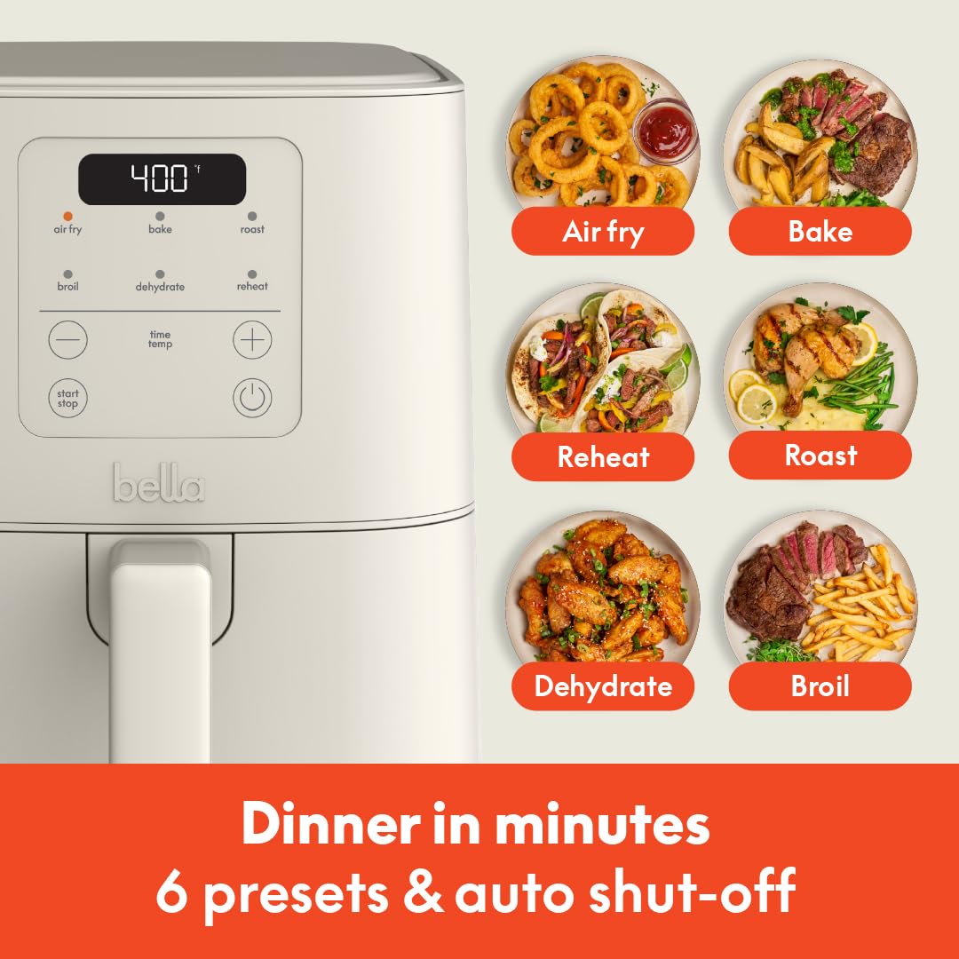bella 4Qt Slim Air Fryer, Fits-anywhere Kitchenware, EverGood Ceramic Nonstick Coating, Adjustable Temperature, 6 Preset Cooking Options, 60 Min Auto Shutoff w Audible Tone, 3.3lb Capacity, Oatmilk BELLA