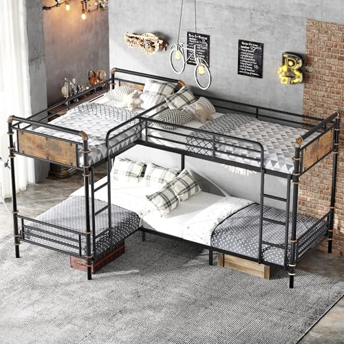KEIKI Twin Over Twin Size Metal Detachable Quad Bunk Bed Frame with Ladders, MDF Headboard and Guardrail, for 4, L-Shaped Bunk Bed with Slats, No Box Spring Required, Easy Assembly, for Bedroom, Black KEIKI