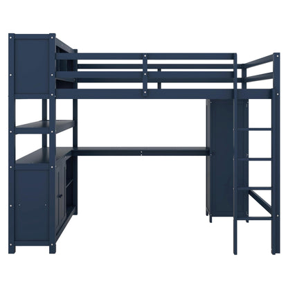 SOFTSEA Full Size Loft Bed with L Shaped Desk, Wood Loft Bed with Wardrobe, Storage Cabinet and Shelves, High Loft Bed Frame with Storage Headboard for Kids Teens Adults, Dark Blue