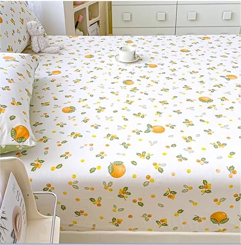 100% Cotton Fitted Sheet with Elastic Band +2pc Pillowcases Orange Fruit Print Double Queen Cal-King Size Mattress Cover for Girls Boys B99A (Queen (U.S. Standard)) Generic