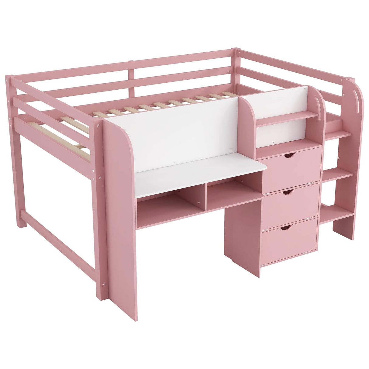 Bellemave Full Size Low loft Bed for Kids,Wood Modern Farmhouse Full Loft Bed with Desk, Storage Cabinets,Bookcase, No Box Spring Needed, Pink Bellemave