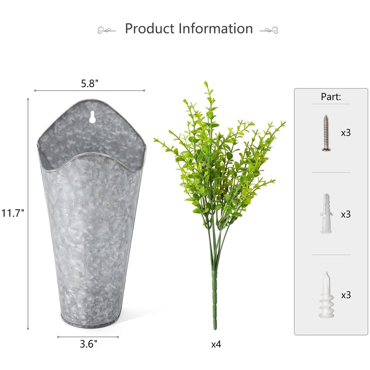 Dahey 2 Pack Galvanized Metal Wall Planter with Artificial Eucalyptus Farmhouse Decor Hanging Wall Vase Planters Flowers Holder for Country Rustic Home Wall Decor,Silver Dahey