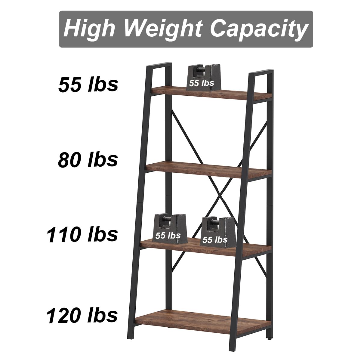 BON AUGURE Industrial Ladder Shelf Bookcase, 4 Tier Rustic Ladder Bookshelf, Standing Leaning Book Shelves for Living Room (Rustic Oak) BON AUGURE