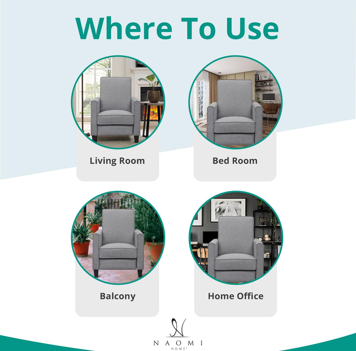 Naomi Home Landon Gray Microfiber Push-Back Recliner, Compact Comfort for Small Spaces, Plush Cushioning, Modern Armless Club Chair Naomi Home