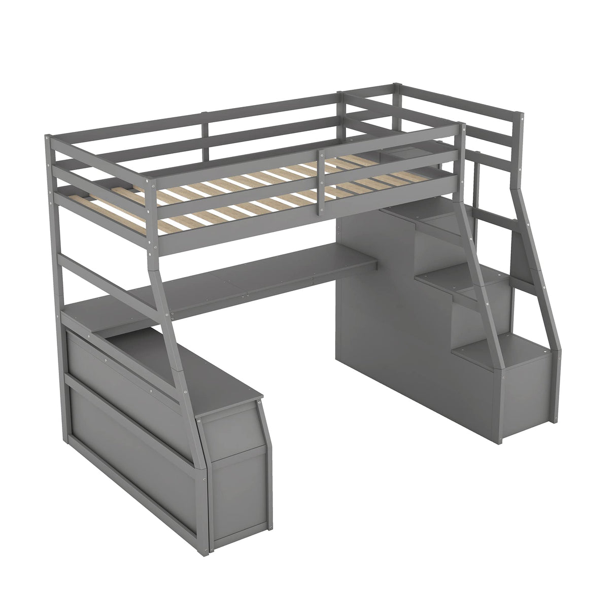 CKLMMC Multifunctional Twin Loft Bed with Storage Drawers, Desk, and Shelving – Grey CKLMMC