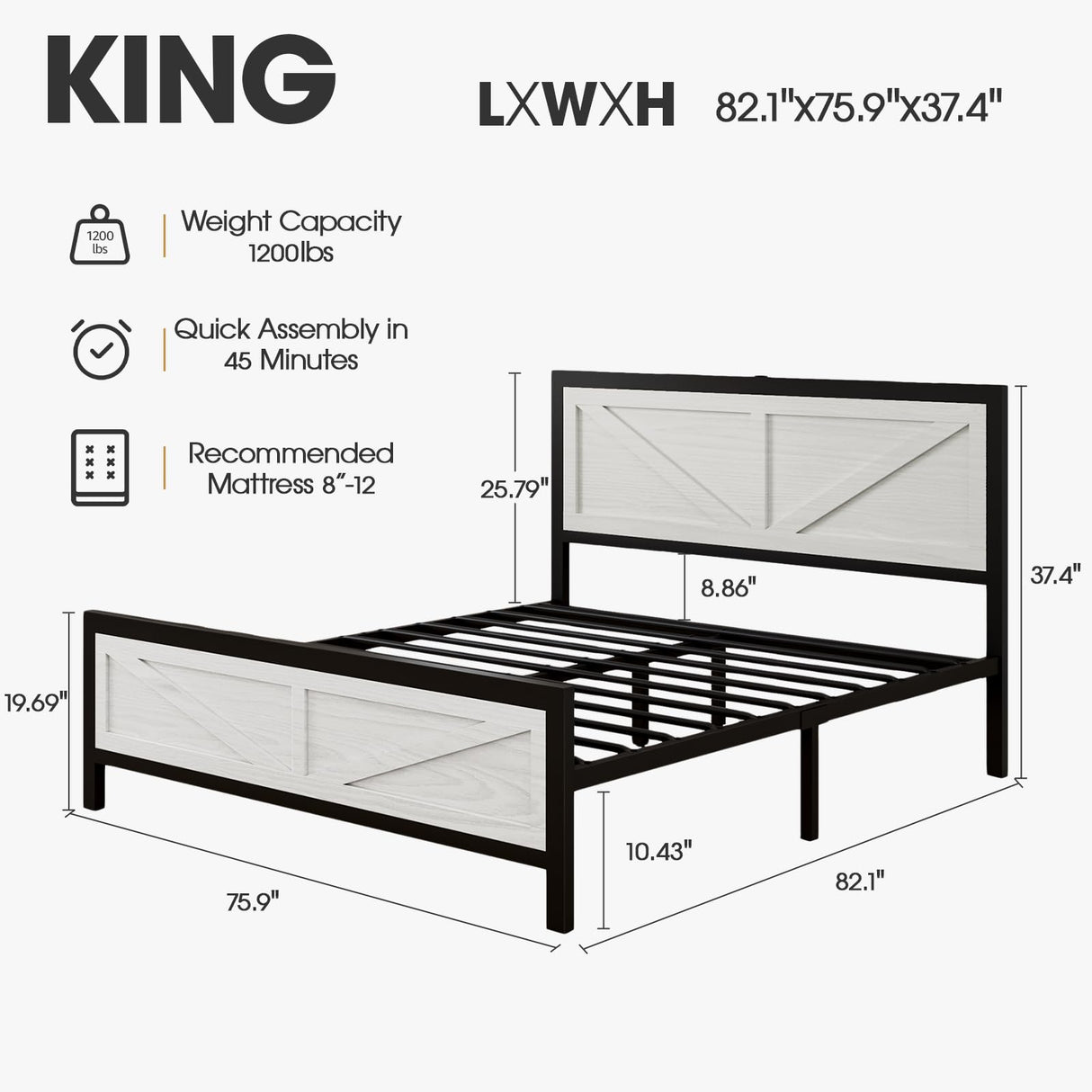Siihnon Rustic Bed Frame King Size with Barn Door Headboard, LED Bed Frame with Charging Station, Industrial Platform Metal Bed Frames, No Box Spring Needed, Easy Assembly, White Siihnon