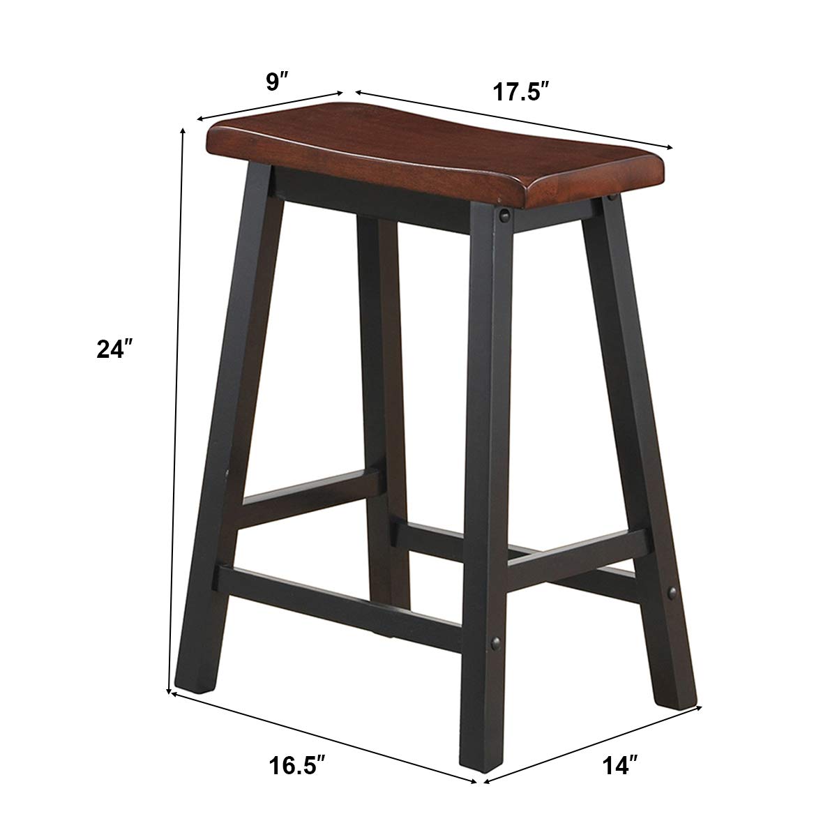 COSTWAY Saddle Stools Set of 2, 24-inch Height Vintage Counter Height Chairs with Solid Wood Legs, Modern Backless Design Indoor Bar Stools for Kitchen, Dining, Pub and Bistro, Brown