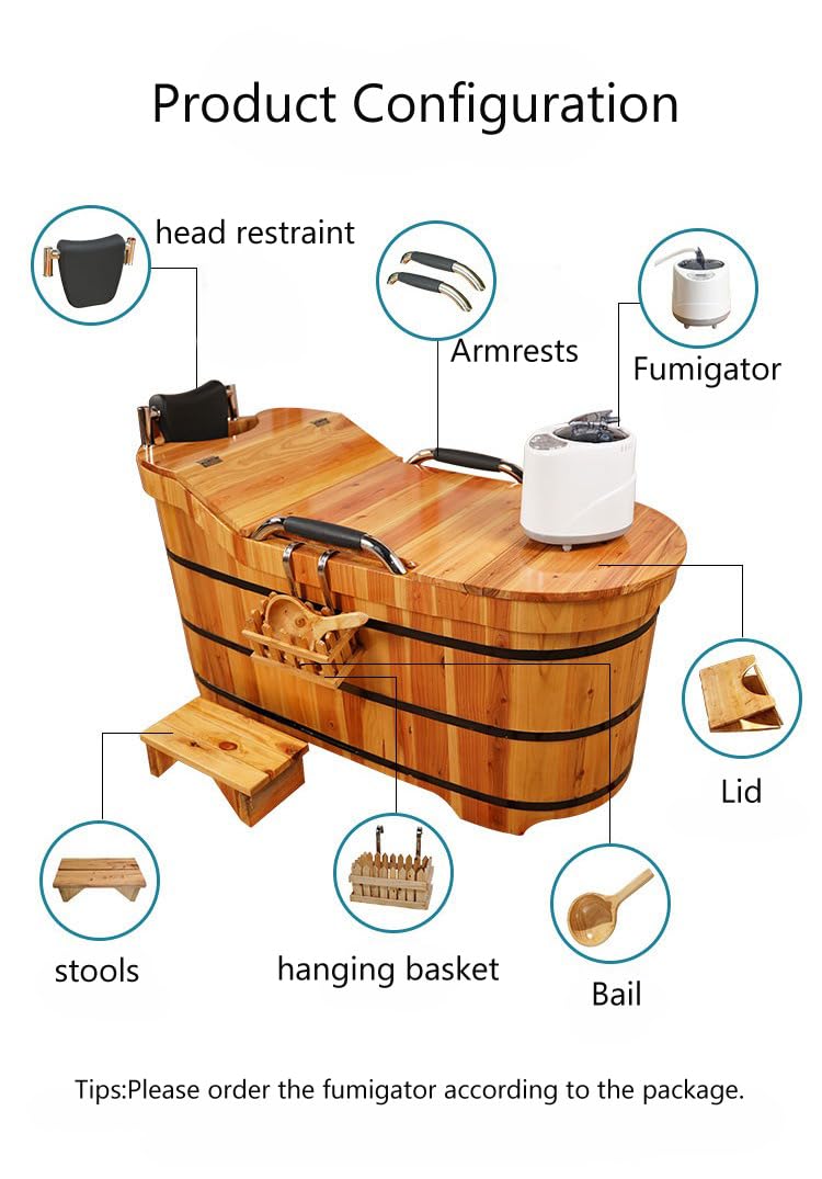 Wooden Hot Tub Bathroom Freestanding Soaking Non-Slip Bathtub Thickened Handrail Style Healthy Medicinal Bathtub For Both Adult And Child Family Members (Deluxe configuration with lid fumigation) OGOLOUG