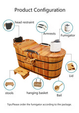 Wooden Hot Tub Bathroom Freestanding Soaking Non-Slip Bathtub Thickened Handrail Style Healthy Medicinal Bathtub For Both Adult And Child Family Members (Deluxe configuration with lid fumigation) OGOLOUG