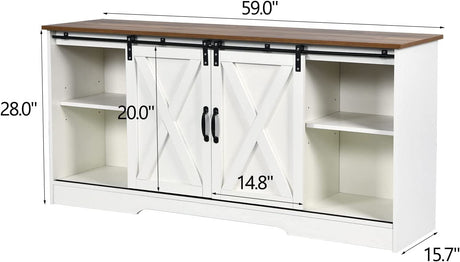 4ever2buy Farmhouse Coffee Bar Cabinet with Storage, 59'' Kitchen Buffet Cabinet with Sliding Barn Door, Sideboard Buffet Cabinet with Adjustable Shelf, White Coffee Bar for Living Dining Room 4ever2buy
