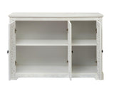 LKTART 44" Sideboard Buffet Cabinet, Farmhouse Accent Storage with 3 Hollow Carved Doors for Living/Dining Room,Kitchen Antique White LKTART