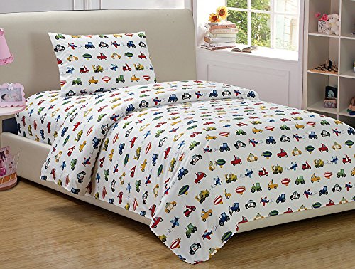 Linen Plus Sheet Set for Boys/Teens Trucks Cars Tractors Police Care Airplane Balloons White Yellow Red Green Blue Flat Sheet and Fitted Sheet and Pillow Case Twin New Linen Plus