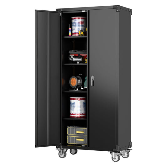 GangMei Garage Storage Cabinet with 2 Doors and 4 Adjustable Shelves, 72'' H Metal Locking Storage Cabinet with Wheels, Rolling Utility Cabinet for Garage, Office, Home, Assembly Required(Black)