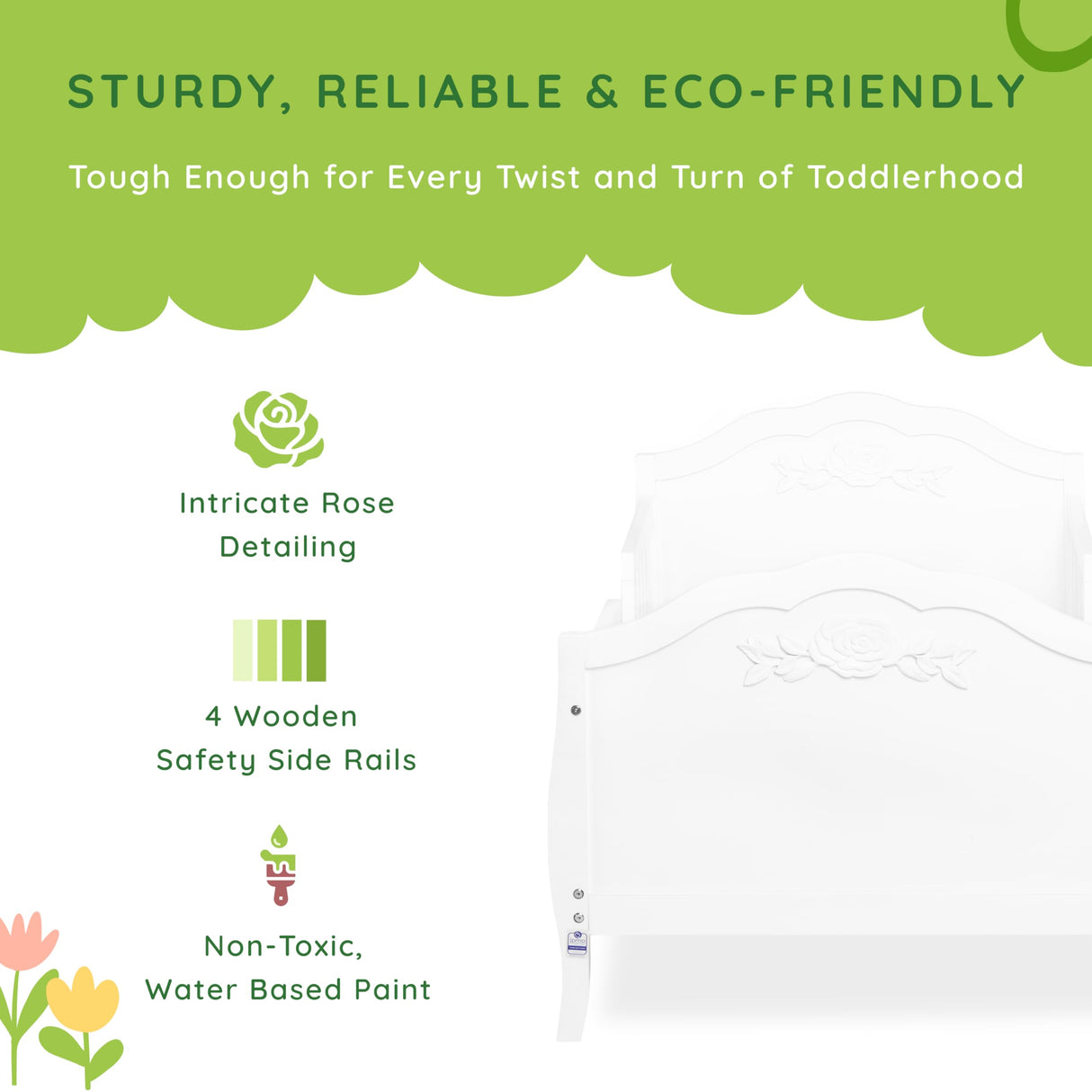 SweetPea Baby Rose 3-in-1 Convertible Toddler Bed in White, Greenguard Gold Certified, JPMA Certified, Safety Rails, Made of Sustainable New Zealand Pinewood Sweetpea Baby