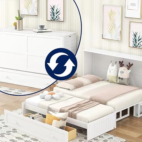 Queen Size Mobile Murphy Bed with Storage Drawers and Small Shelves for Guest Room Home Office, Multi-Functional Platform Bed for Kids, Teens, Easy Assembly (White) BEDGJH