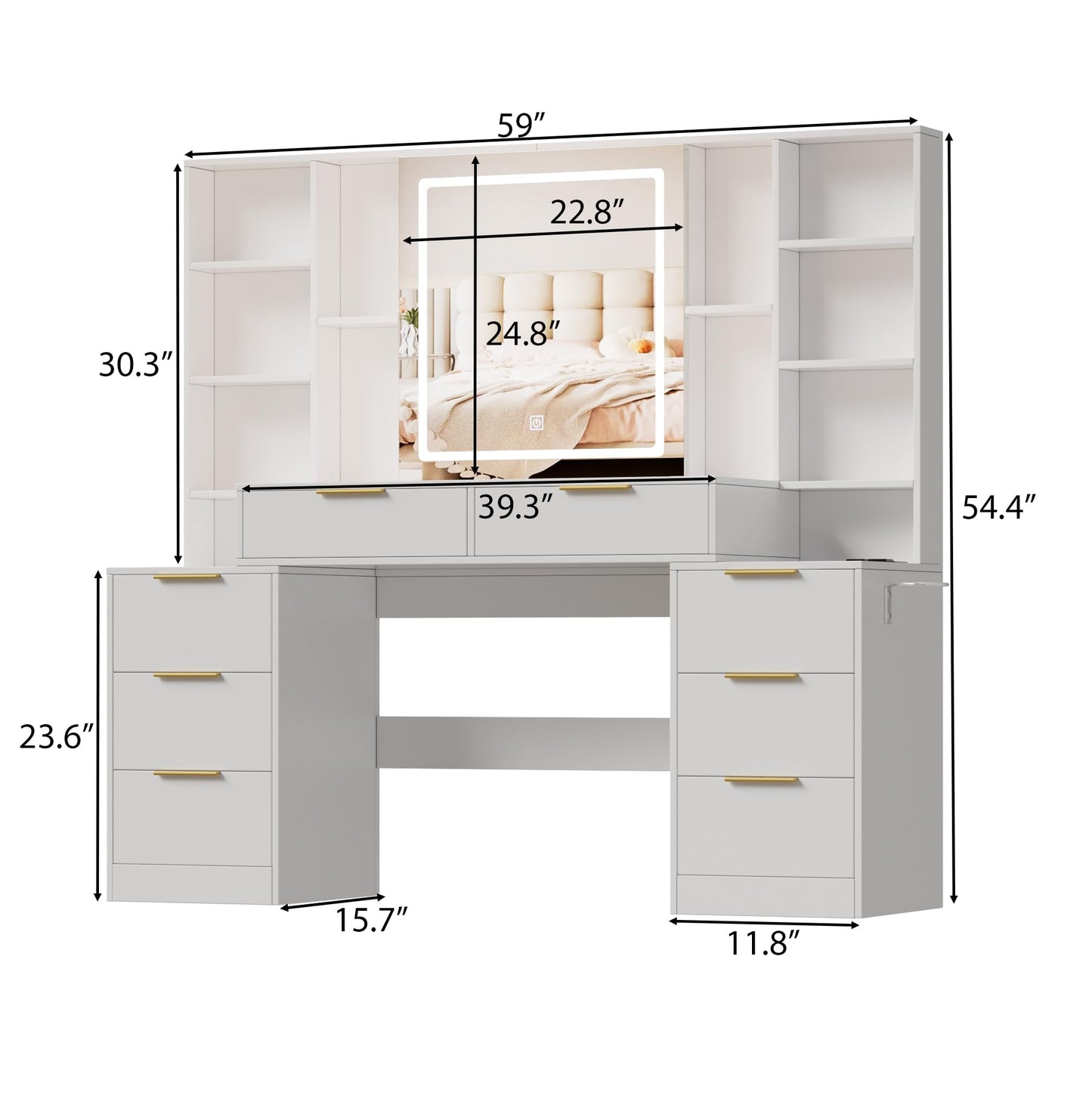 FURNJOYLIFE Large Makeup Vanity Desk with Lighted Mirror & Power Outlet,Vanity Desk Dresser Table with 3 Lighting Modes Brightness Adjustable,Drawers,Shelves,Hair Dryer Stand for Bedroom,White