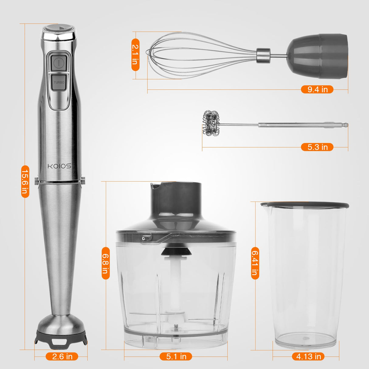 KOIOS 1100W Immersion Hand Blender, Stainless Steel Stick Blender with 12-Speed & Turbo Mode, 5-in-1 Handheld Blender with 600 ml Mixing Beaker with Lid, 500 ml Chopper, Whisk, Milk Frother, BPA-Free KOIOS