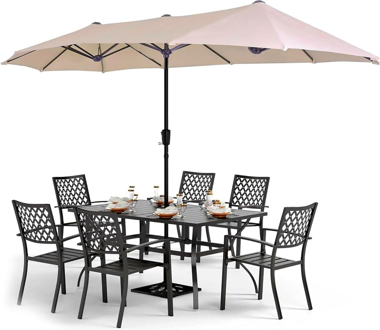 PHI VILLA 8 Piece Patio Dining Set with 13ft Double-Sided Patio Umbrella(Beige),Metal Outdoor Table Furniture Set with 6 Outdoor Stackable Chairs, 1 Rectangle Dining Table and 1 Large Beige Umbrella PHI VILLA