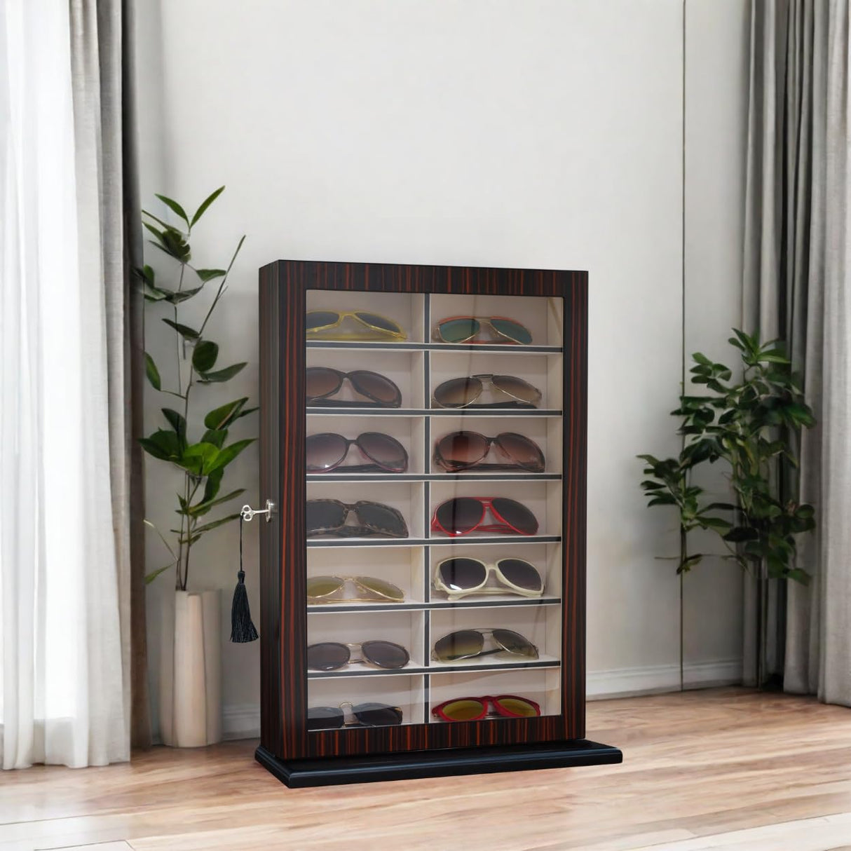 TIMELYBUYS 14 Piece Large Ebony Wood Eyeglass Sunglass Display Wall Hanging Case and Storage Organizer Box and Stand TIMELYBUYS